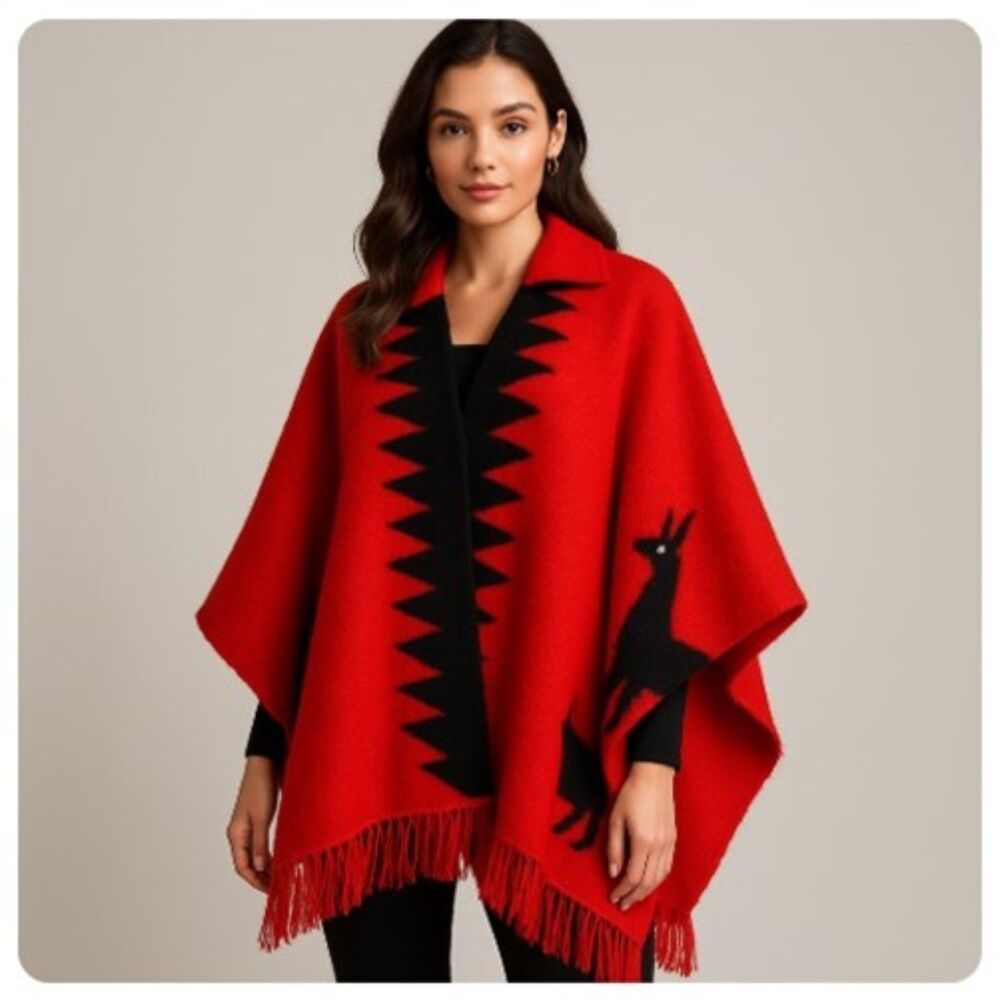 Wool Llama Alpaca Print Wrap Vintage Womens Red Graphic Cape Collared One Size